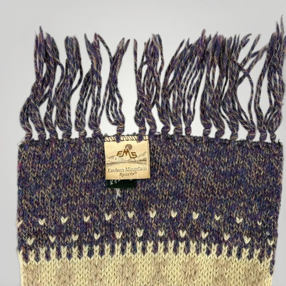 Eastern Mountain Sports Wool Scarf Purple Fair Isle Fringe USA Winter Knit